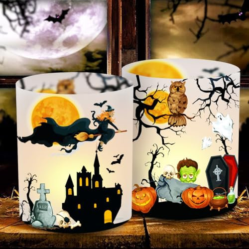 12 Windlicht Tischdeko Halloween, Halloween Windlicht mit Hexe Kürbis Fledermaus Grabstein, Party Deko Tisch, Geeignet für Teelicht oder Kerzen