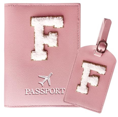 ZVRSUA Reisepasshülle Rosa und Kofferanhänger Set mit Buchstabe F, Passport Hülle Reise Gadgets und Travel Essentials Hülle Reisepass,Geschenk für Frauen/Teenager/Mädchen/Kind(F)