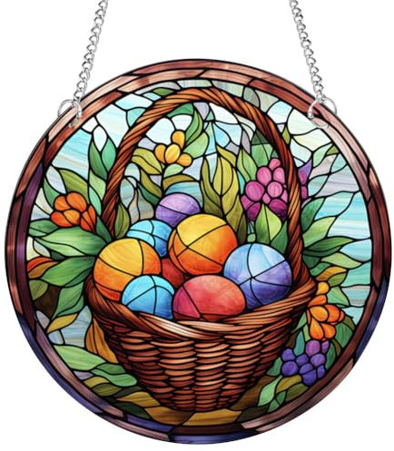 Ostereier-Sonnenfänger, gebeiztes Acryl, Fensterbehang, Ornament, 30 cm, Eier mit Blumenkorb, Kunst-Acrylplatte für Frühling, Ostern, Zuhause, Wand, Garten, Tür, Dekoration, Stil C