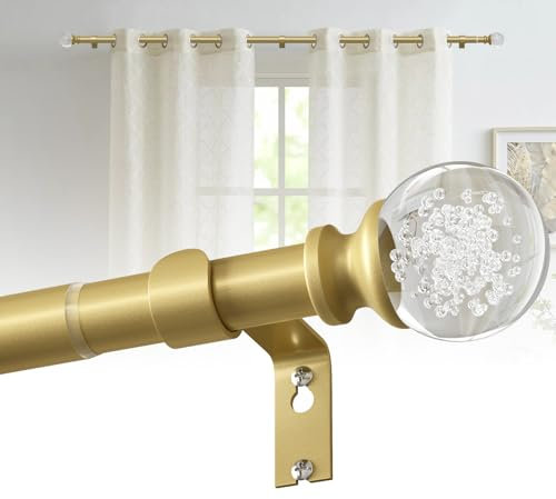 TRAROD Gardinenstange Gold (76-228 cm | 25mm Durchmesser), Vorhangstange Ausziehbar aus Metall mit Montagehalterungen und Kristallkugel-Endkappen für Schlafzimmer, Wohnzimmer, Küche