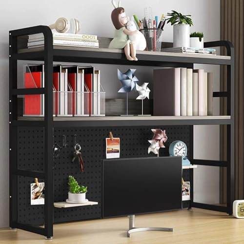 Ahtadums Schreibtisch Bücherregal 3 Etagen Verstellbar Perfekter Regal Organizer Tischregal für Computertisch, Holz und Metall Monitorständer Groß für Büro Zuhause Arbeitszimmer Wohnheim (C, 75cm)