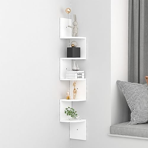 5-Tier Floating Corner Shelves, Zigzag Shape Wall Shelf Corner Shelf Unit, 122cm Tall Wooden Shelving Bookcase Storage Display Rack White