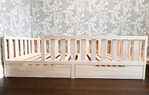 Mandrele - Montessori Bett, Bodenbett mit Lattenrost und Schubladen, Rausfallschutz Bett, Kinderbett, Holzbett mit Bettgestell für Jungen und Mädchen, 160x80cm, Natur Holz