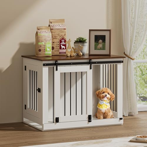 The Fellie Wooden Dog Crate Furniture, Indoor Wood Medium Dog Cage, Pet Kennel for Small/Medium Dog, Wooden Pet Crates with Sliding Door, Pet Furniture House End Side Table, 95x59x71cm, White