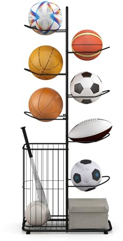 GYMAX Ball Storage Rack, Sports Equipment Organizer Ball Holder with Basket and 7-Tier Detachable Stand, Vertical Basketball Rack Display Rack for Volleyball Football Gear