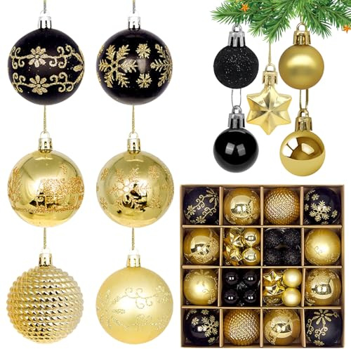 44 Weihnachtskugeln Dunkelrot Weihnachtsdeko Neuheiten Christbaumkugeln Retro Nostalgische für Außen Innen Weihnachtsbaum Bälle Dekorationen für Weihnachten ∅ 3, 6 cm mit Schlüsselband (Schwarz Gold)