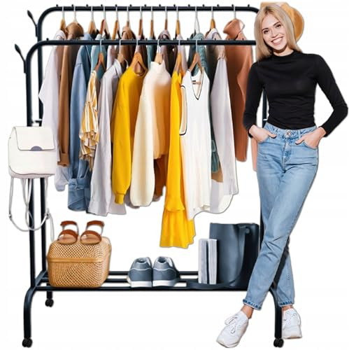 KRUMAD Kleiderständer auf Rollen 154x110x57,5 cm - Mit Doppelstange und Schuhregal – Rollbarer Kleiderständer Schwarz – Stabiler Garderobenständer Metall mit 4 Seitenhaken – Tragkraft 35 kg