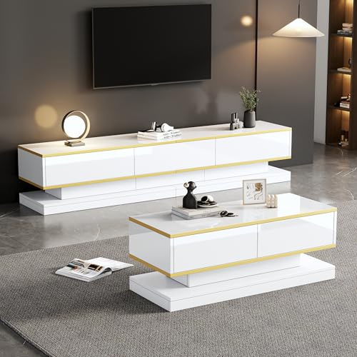 XQJLSL Conjunto de TV y Mesa de Centro Alta luz con cajones aparador para salón Comedor Dormitorio Mueble televisor Armario Base molduras Doradas Juego Blanco de 2 Piezas mesita Auxiliar 200x40x40 cm