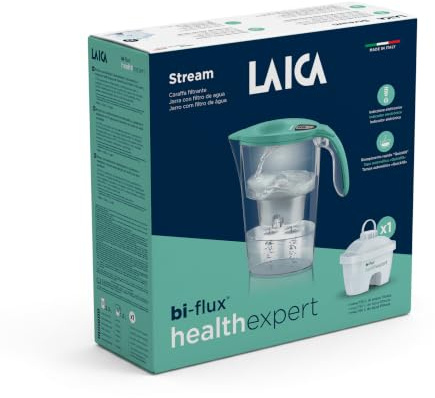 LAICA Stream Line bi-flux healthexpert Caraffa Filtrante - 2,3L Verde Acqua | 1 filtro incluso, riduce PFAS fino al 92%*, aggiunge magnesio, timer digitale e coperchio Quickfill, Made in Italy