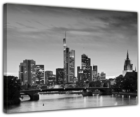Bilderdepot24 Bild auf Leinwand | Frankfurt Skyline s/w - Deutschland bei Nacht - Deutschland in 70x50 cm als Wandbild | Wand-deko Dekoration Wohnung modern Bilder | 170130