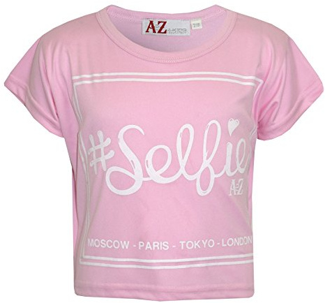 Girls Top Kids #Selfie Print Stylish Fahsion Trendy T Shirt Crop Top 7-13 Years Baby Pink