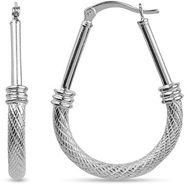 LeCalla Sterling Silver Hoop Earrings Classic Diamond-Cut Italian Design Textured High-Polish Oval Hoops Earring for Women 35mm