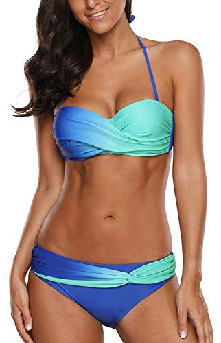 Tuopuda Costume da Bagno Donna Bandeau Bikini Set Push Up Imbottito Costumi Mare Due Pezzi Brasiliana Bikini Gradient Color Spiaggia Sexy Top Triangolo Reggiseno con Slip Vita Bassa, Blu, 48-52
