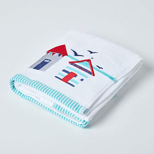 HOMESCAPES Beach Hut Embroidered Hand Towel Blue, Red & White Seaside Patterned Guest Towel 100% Cotton 550 GSM Super Absorbent Fluffy Holiday Beach Towel for Pool or Gym