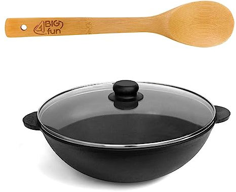 4BIG.fun Padella wok in ghisa da 3,7 l con coperchio ø 28 cm, per cottura a induzione, adatta a cottura a induzione Casseruola Asia