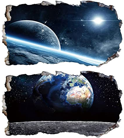 2Pcs Weltraum Erde Planeten Space Wandtattoo 3D Effekt V06 Wandsticker XXL Wanddurchbruch Fenster Wandaufkleber Universum Sterne für Kinderzimmer Jungenzimmer Mädchen Groß 1000mmx580mm