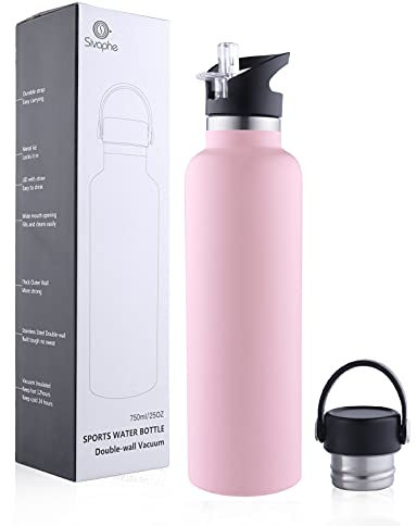 Sivaphe Water Bottle Insulated Bottle Drink Flasks Leak-Proof for Sports Outdoor Stainless Steel, Double Walled Vacuum with Lids and Straw 750ml Pink