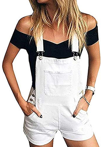 Chickw11 Denim Salopette Corta Donna Pantaloncini, Estiva Ragazza Jumpsuit Loose Overall Senza Maniche Playsuit con Tasche Tuta Estate Corti Bermuda Shorts (M,Bianca)