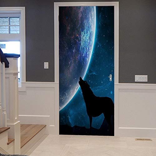 A.Monamour Türtapete Selbstklebend Türfolie Türposter 3D Wolf Heult Um Mond Sternen Himmel Weltraum Planet Galaxie Zu Runden Vinyl Folie Türdeko Tapete Wandbild Türaufkleber Türtattoo 90 x 200 cm