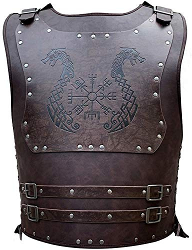 Wikinger Lederpanzer - Mittelalterliche Brustweste aus Leder braun mit Vegvisir und Drachenboot Muster