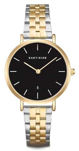 Eastside Damen Uhr Metall-Legierung gelbgold Quarzwerk 3 ATM | Edelstahl Armband, silber/gelbgold, Gliederarmband, Zifferblatt schwarz, Mineralglas, Armbanduhr, Fashion-Uhr