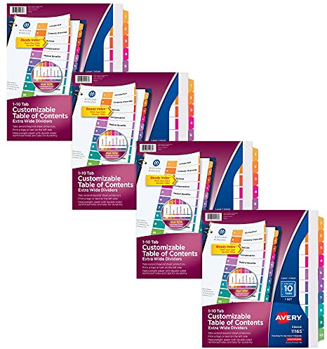Avery Extra breite Ready-Index-Trennblätter für 3 Ringbücher, 24,4 x 27,9 cm, 10 Register-Sets, bedruckbarer Inhaltsverzeichnis, weißes Papier, mehrfarbige Register, 4 Ordner-Trenner-Sets (34776)