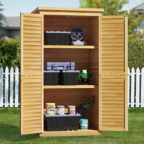 Bealife 63.2 Outdoor Storage Cabinet with Double Doors, Lockable Vertical Storage Shed with 3 Shelves Organizer, Waterproof Fir Wood Tool Closet Shed for Garden, Backyard, Patio, and Lawn -Natural