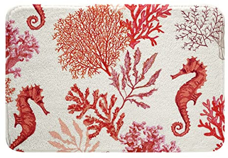 Ozean Marine Nautisch Weich Fleece Badteppiche Koralle Seepferdchen Polyester Badematte 50x80cm Meer Unterwasser Kreatur Badezimmerteppich Leben im Meer Dekor Rot für Badezimmerboden Badvorleger