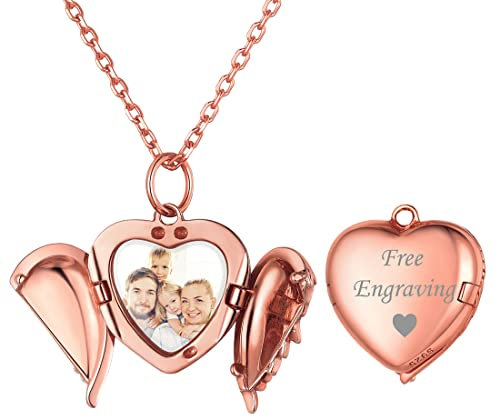 ChicSilver Rose Gold Angel Wings Locket Necklace Personalized Photo Pendant Custom Frame Memory Jewelry