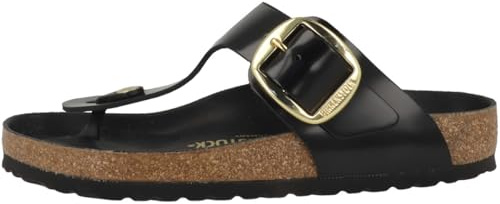 Birkenstock Sandali donna, modello Gizeh, tomaia in pelle laccata, fibbia in metallo, interno in cuoio, plantare anatomico in sughero, suola in Eva, colore Black
