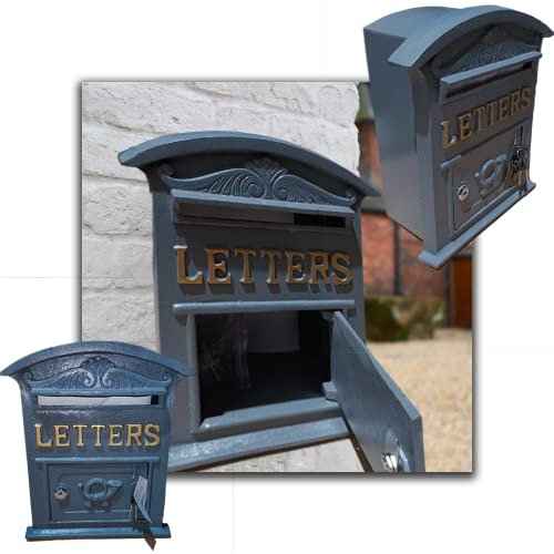 Vintage Decor® Antique Style Old Grey Letterbox Cast Iron Front Gold Lettering Easy to Install Lockable Premium Grade Heavy duty Weight 8kg Slot Accepts A4 H36cm x W32cm x D15cm Weatherproof
