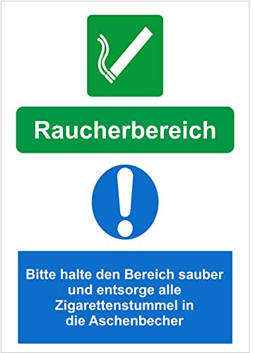 INDIGOS UG - PVC-Schild 5mm - Sicherheit - Warnung - Raucherbereich Sauber Aschenbecher - 300x200 mm - Hotel, Firma, Schutz, Kita, Arzt, Praxis, Wohnung