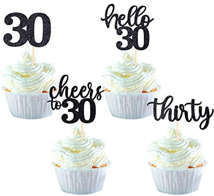 36 Stück 30th Birthday Cupcake Toppers Glitter Hallo 30 Geburtstag Tortendeko Cheers to 30 Thirty Muffin Dekoration for 30th Birthday Teenager Party Kuchen Dekoendeko Black