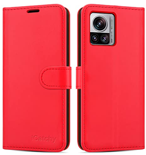 iCatchy for Motorola Edge 30 Ultra Case Leather Wallet Book Flip Folio Stand View Cover with Card Slots and Kickstand for Motorola Edge 30 Ultra Phone Cover (Red)