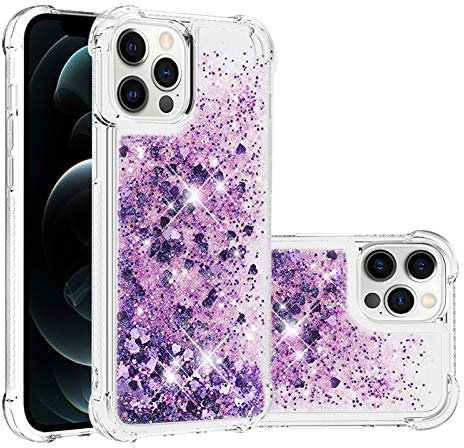 IMIRST Silicone Phone Case for Apple iPhone 12 Pro Max, Corner Airbag Fall Protection Bling Glitter Quicksand Liquid Sparkle TPU Case Cover for Apple iPhone 12 Pro Max. YBW Love Purple
