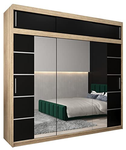 ABIKSMEBLE Verona 4 250 Armario 2 Puertas Correderas para Dormitorio - Armario Moderno con Espejo, Barra y Estantes - 250x240x62 cm (Ancho x Alto x Fondo) - Sonoma + Negro Mate con Extensión