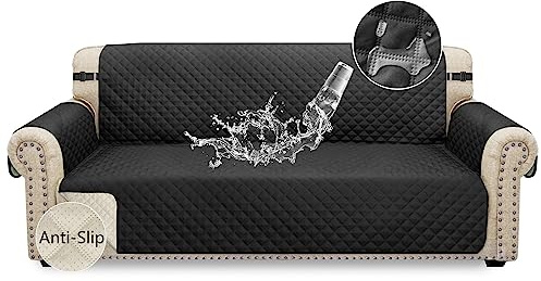 Granbest wasserdichte Sofabezug 3 Sitzer rutschfeste Couchbezug mit Elastischen Riemen, Waschbare Sofaschutz für Kinder, Haustiere, Hunde, Katzen (3-Sitzer, Schwarz)