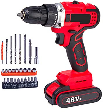 Cordless Drill Set, 48V Cordless Impact Drill, Keyless Chuck 2 Variable Speed 21+1 Torque Settings Power Tool Kit and 27 Pieces Drill Bits