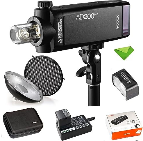 GODOX AD200 Pro AD200Pro+Godox AD-S3 Beauty Dish, 200Ws 2.4G Flash Strobe, 1/8000 HSS, 500 Full Power Flashes, 0.01-1.8s Recycling, 2900mAh Battery, Bare Bulb/Speedlite Fresnel Flash Head Monolight