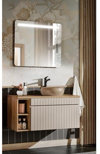 Lomadox Waschplatz Waschtisch Set Aufsatzwaschbecken Kaschmir Eiche Nb. B/H/T ca. 125/200/46 cm
