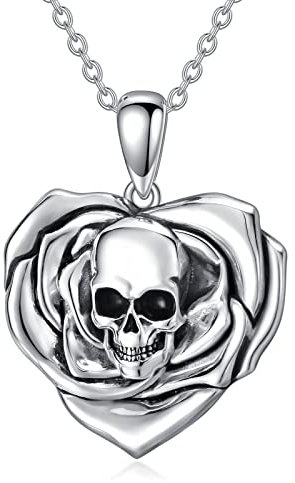 Shusukue Totenkopf Kette mit Herz Rose Anhänger Gothic Halskette Vintage Silber 925 Damenkette für Halloween