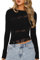 EMOTTOS Women's Sexy Lace Tops, Y2K Patchwork Long Sleeve Mesh T-Shirt, Ladies Slim Fit Round Neck Crop Tops, Sexy Irregular Top with Floral Lace for Club Streetwear, Black, M