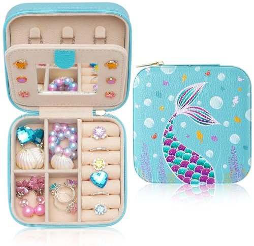 WERNNSAI Small Jewellery Box for Girls, Mermaid Travel Jewelry Box with Mirror, Portable Jewellery Storage Case, Waterproof Jewelry Organizer for Kids, Gift for Birthdays and Christmas