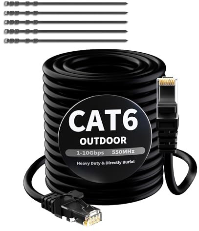 Mygatti 50 Metri CAT6 Cavo Ethernet per Esterno/Interno-Nero,cavo di rete Internet Gigabit,resistente,impermeabile,posa diretta,per fotocamera POE,cat 6 cavo patch LAN RJ45+25 fascette