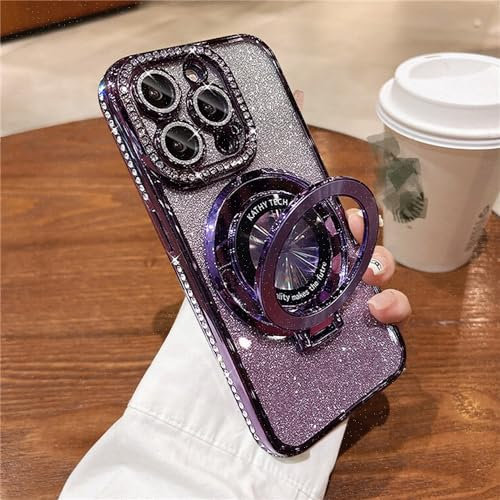 Glitter Rhinestones Magnetic for iPhone Case with Invisible Stand, Cushion Anti Drop Cell Phone Case for iPhone 15 14 13 12 11 Pro Max (13promax,Purple Glitter)