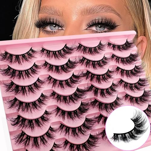 14 Paare 3D Falsche Wimpern Katzenauge, Flauschiges Volumen Curly Cat-Eye Künstliche Wimpern Natürlich Look, Wiederverwendbar Handgemacht Faux Mink Make-up-Wimpern(14-Pink-XK05)