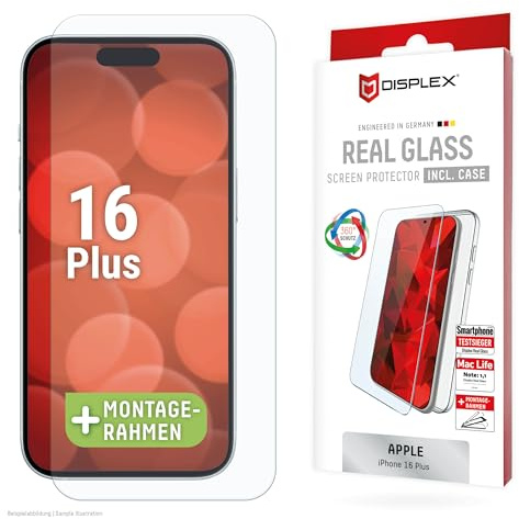 Schutzglas + Schutzhülle für iPhone 16 Plus (10H), Eco-Montagerahmen | DISPLEX Real Glass + transparente Schutzhülle, 10H Panzerglas, Bruchschutz, extra-harte Kanten, kratzfest, Anti-Shock