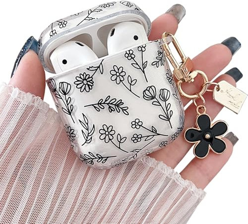 MINSCOSE Kompatibel mit AirPods 1&2 Klar Hülle,Niedliche Blume Floral Ästhetisches Design mit Blumen Schlüsselanhänger,Weiche TPU Schutzhülle für Frauen Mädchen für AirPods 1&2-Schwarz