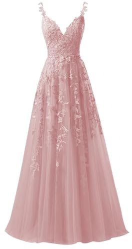 Beyonddress Robe de soirée en tulle - Robe de bal longue - Applications en dentelle - Robe de mariée - Col en V - Bretelles spaghetti - Robe de bal de fin d'année, Vieux rose, 54