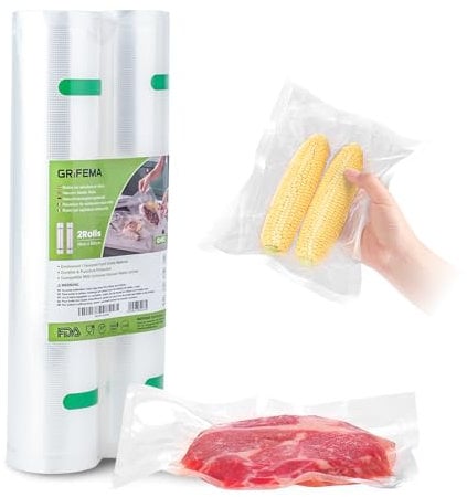 GRIFEMA GH82, Sacs de Conservation Sous Vide Alimentaire sans BPA, Compatible avec La Plupart des Machines Sous Vide, Rangement et Cuisson Pratiques des Ingrédients, 28 × 600 CM (2 Rouleaux)